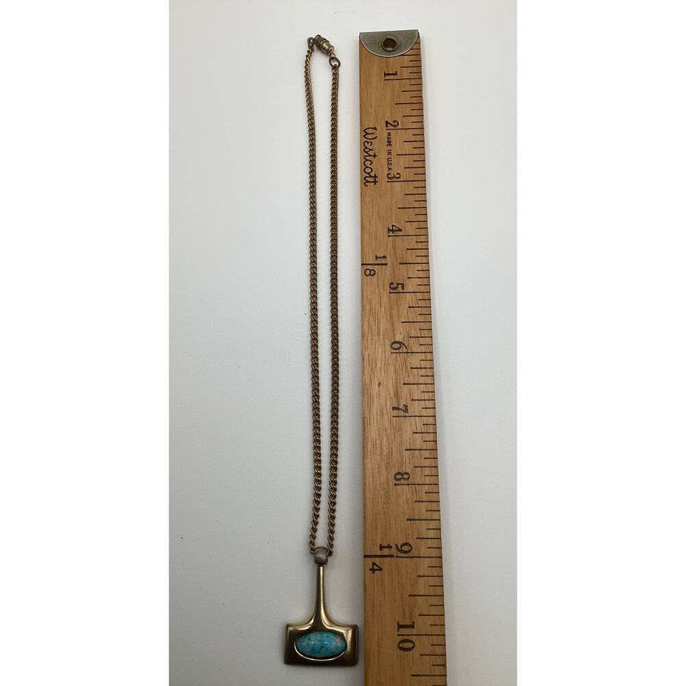 Vintage Mid-Century Brutalist Thor's hammer Pendant Necklace  Turquoise Inlay - Picture 2 of 4
